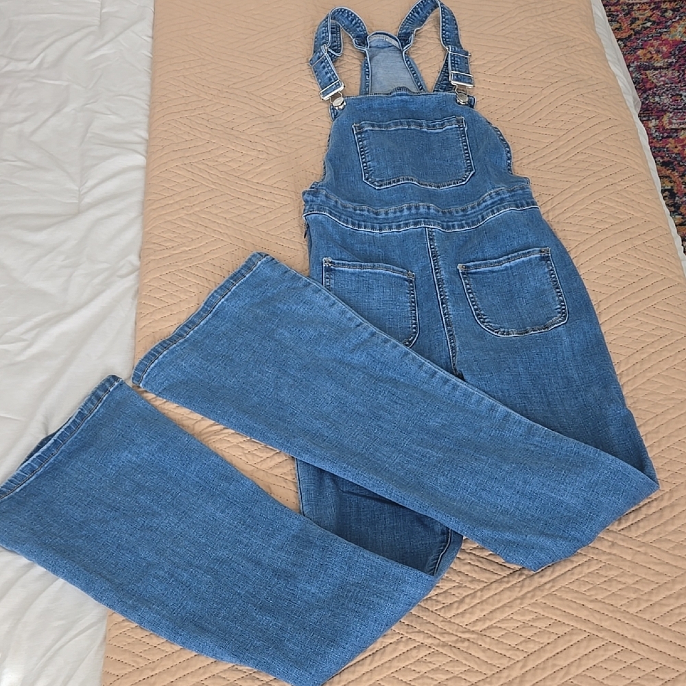 Edikted Blue Denim Overalls flare bell bottom retro small